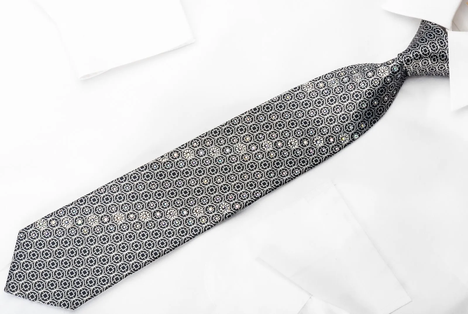 Daniel Hechter Silk Necktie Silver Trellis On Navy Blue Sparkling With Rhinestones