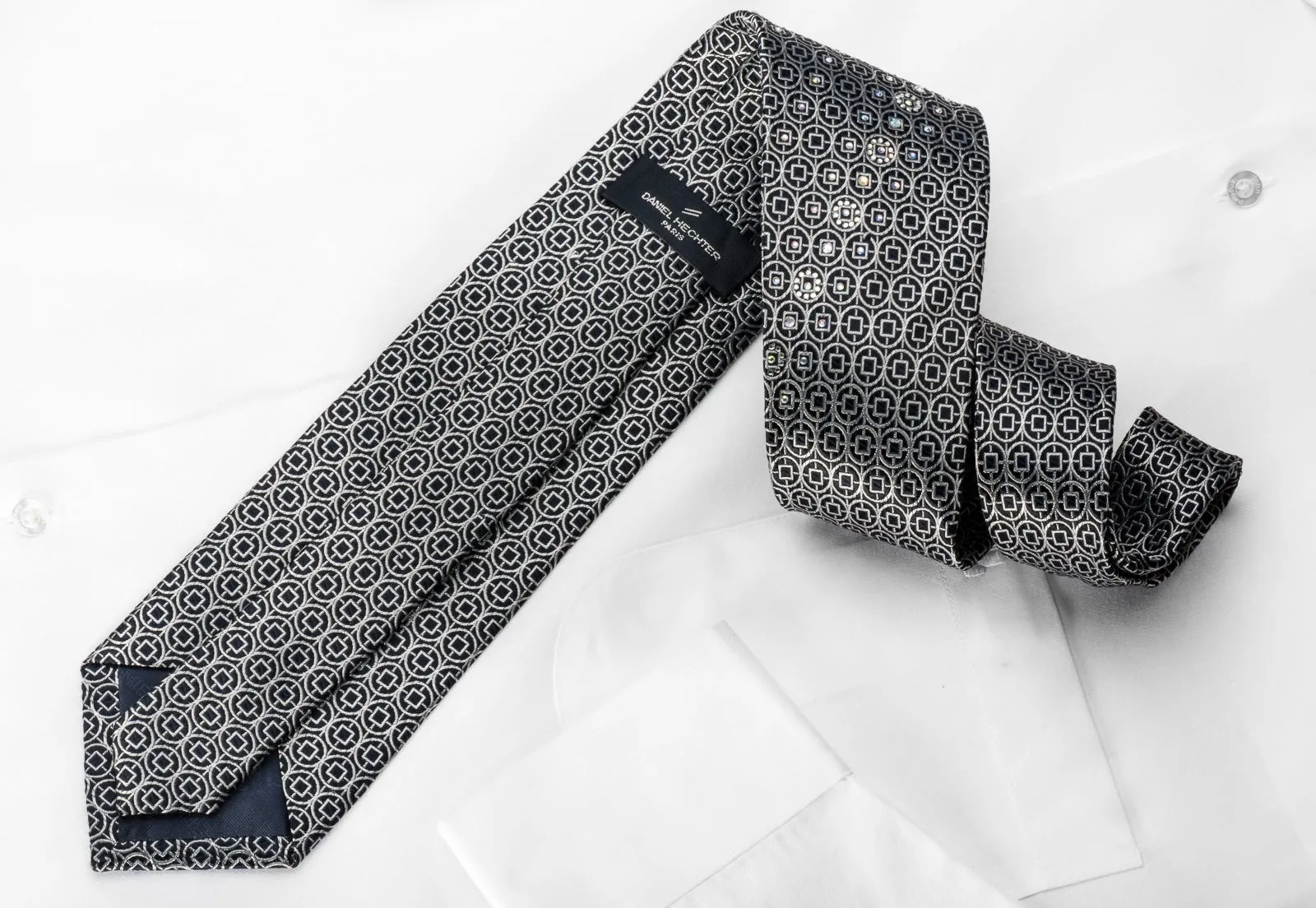 Daniel Hechter Silk Necktie Silver Trellis On Navy Blue Sparkling With Rhinestones