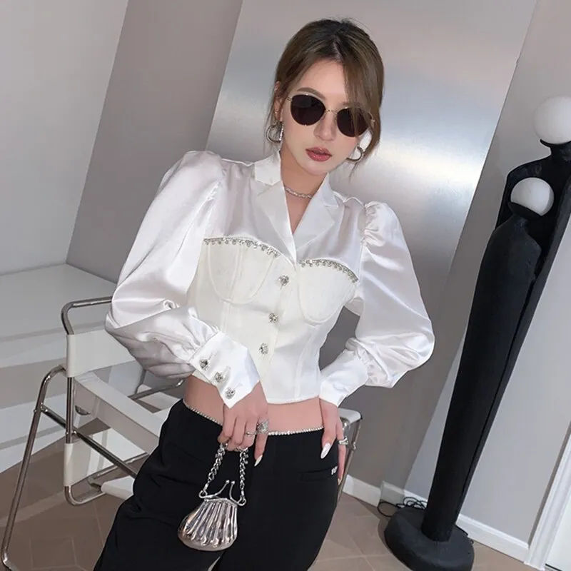 deanwangkt Casual Patchwork Diamonds Solid Loose Blouse Female Lapel Long Sleeve Fashion Shirt For Women Autumn Style  New