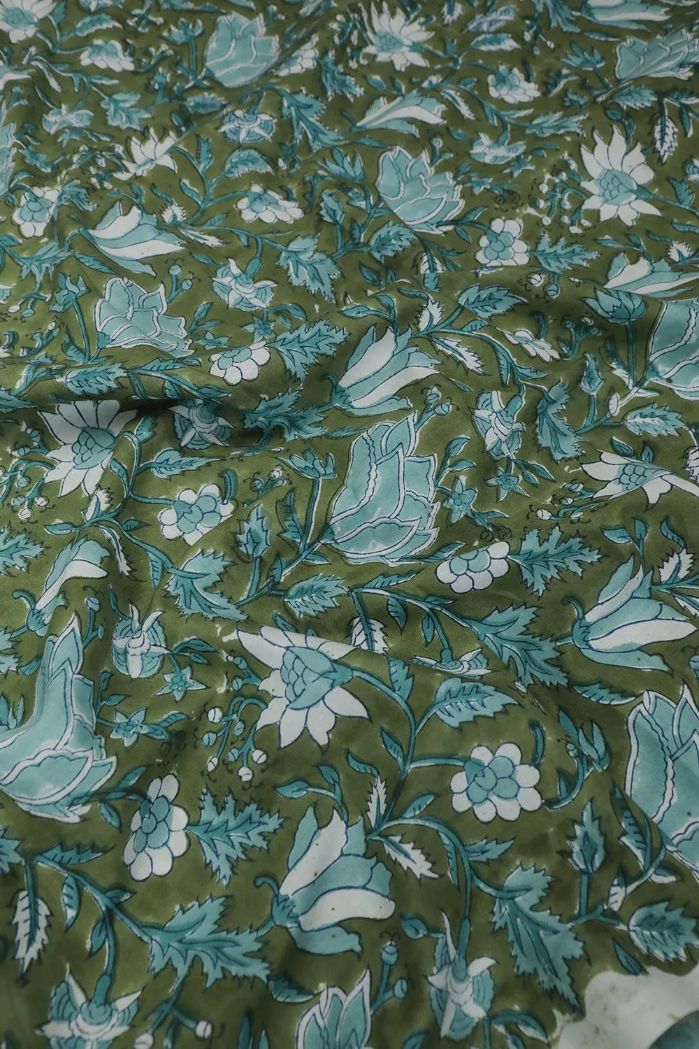 Ditzy Floral on Green Sanganeri Cotton Fabric - 2.1m