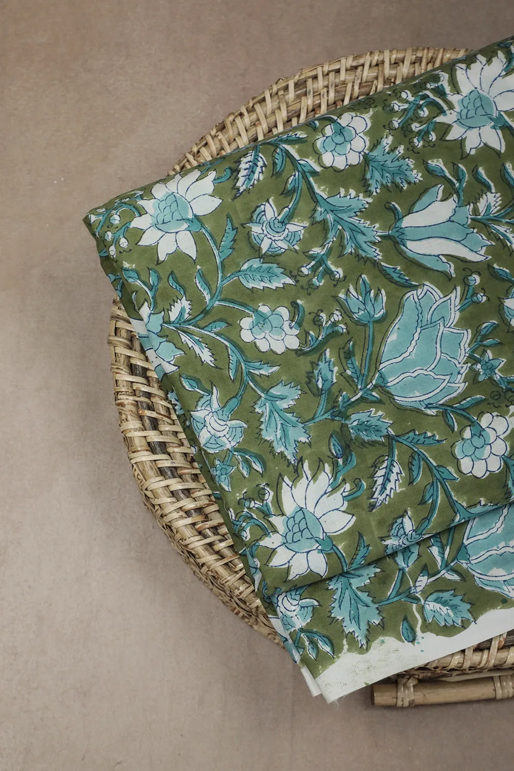 Ditzy Floral on Green Sanganeri Cotton Fabric - 2.1m