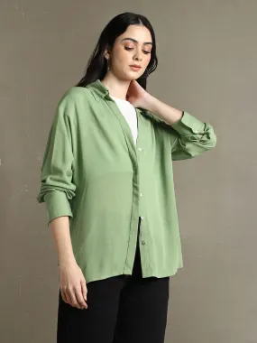 DL Woman Sage Green Solid Spread Collar Full Sleeves Oversized Shirt