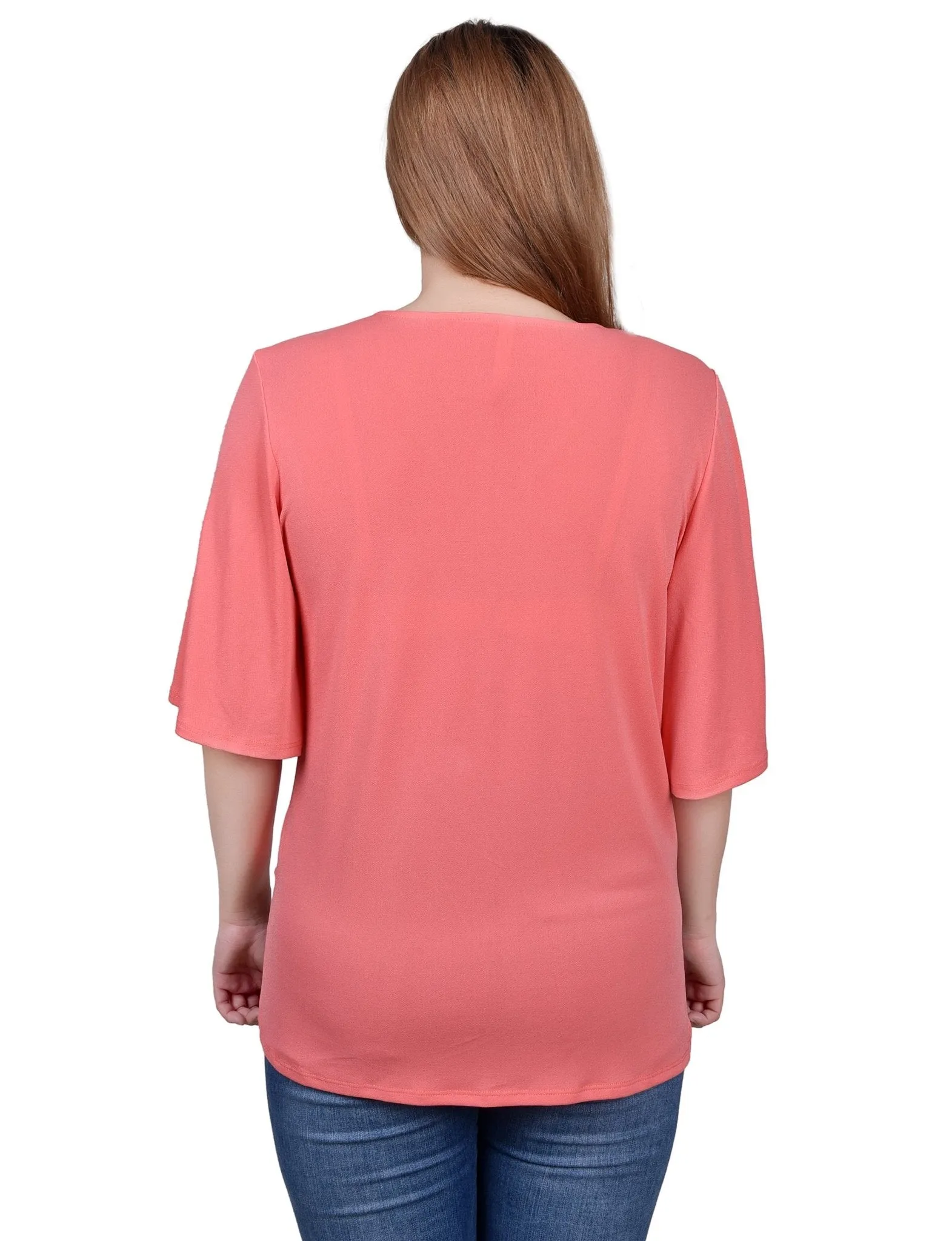 Elbow Sleeve Tie-Front Top - Petite