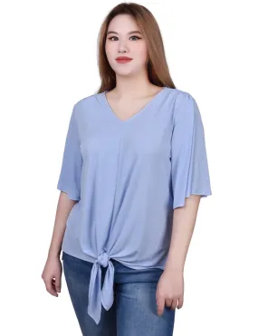 Elbow Sleeve Tie-Front Top - Petite