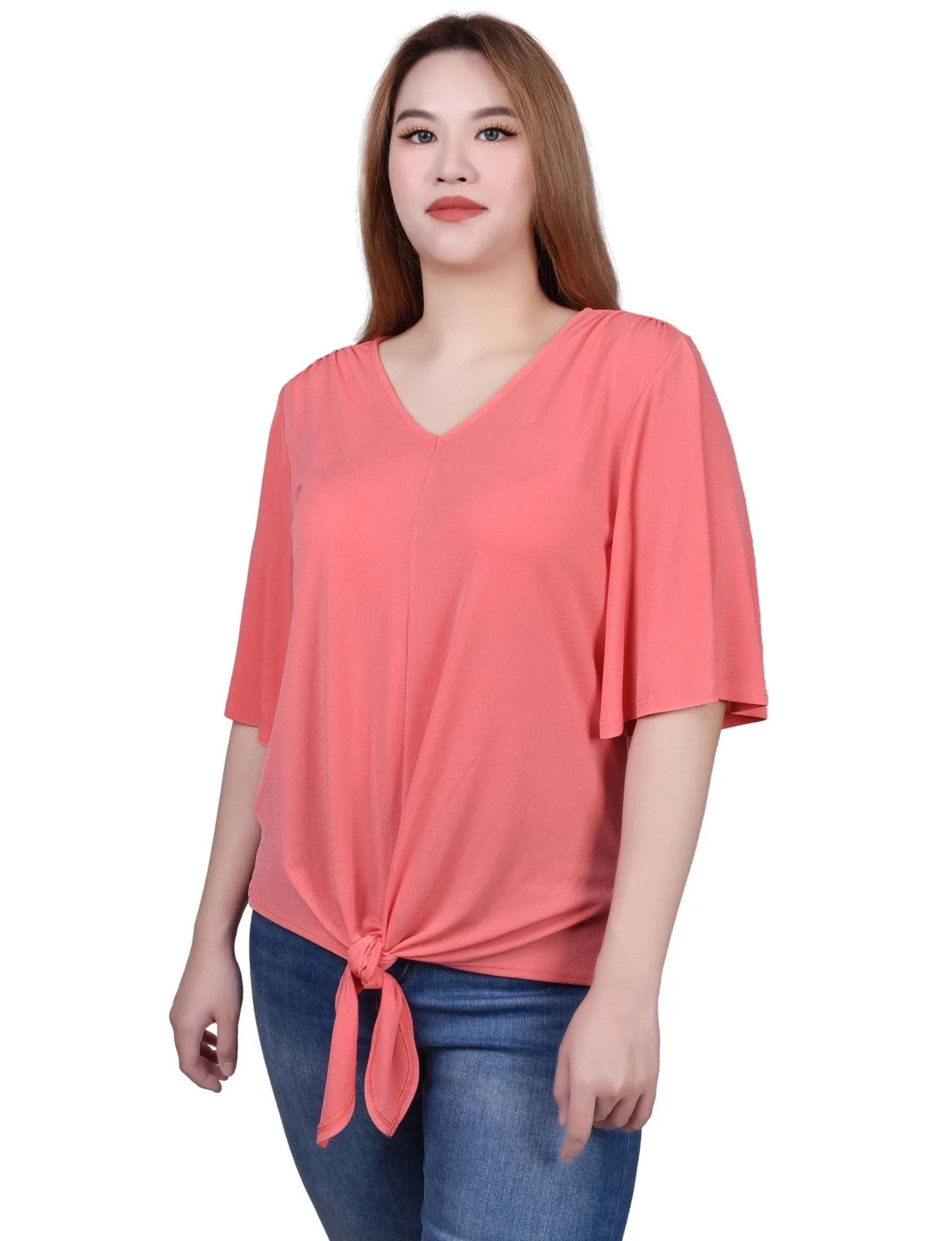 Elbow Sleeve Tie-Front Top - Petite