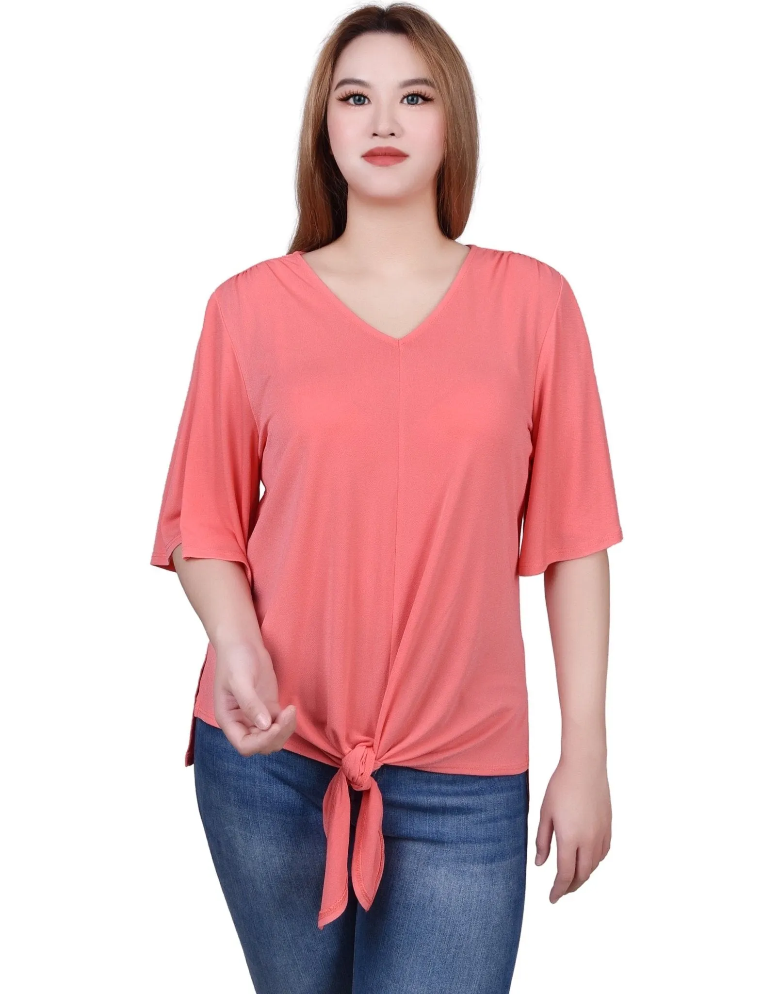 Elbow Sleeve Tie-Front Top - Petite