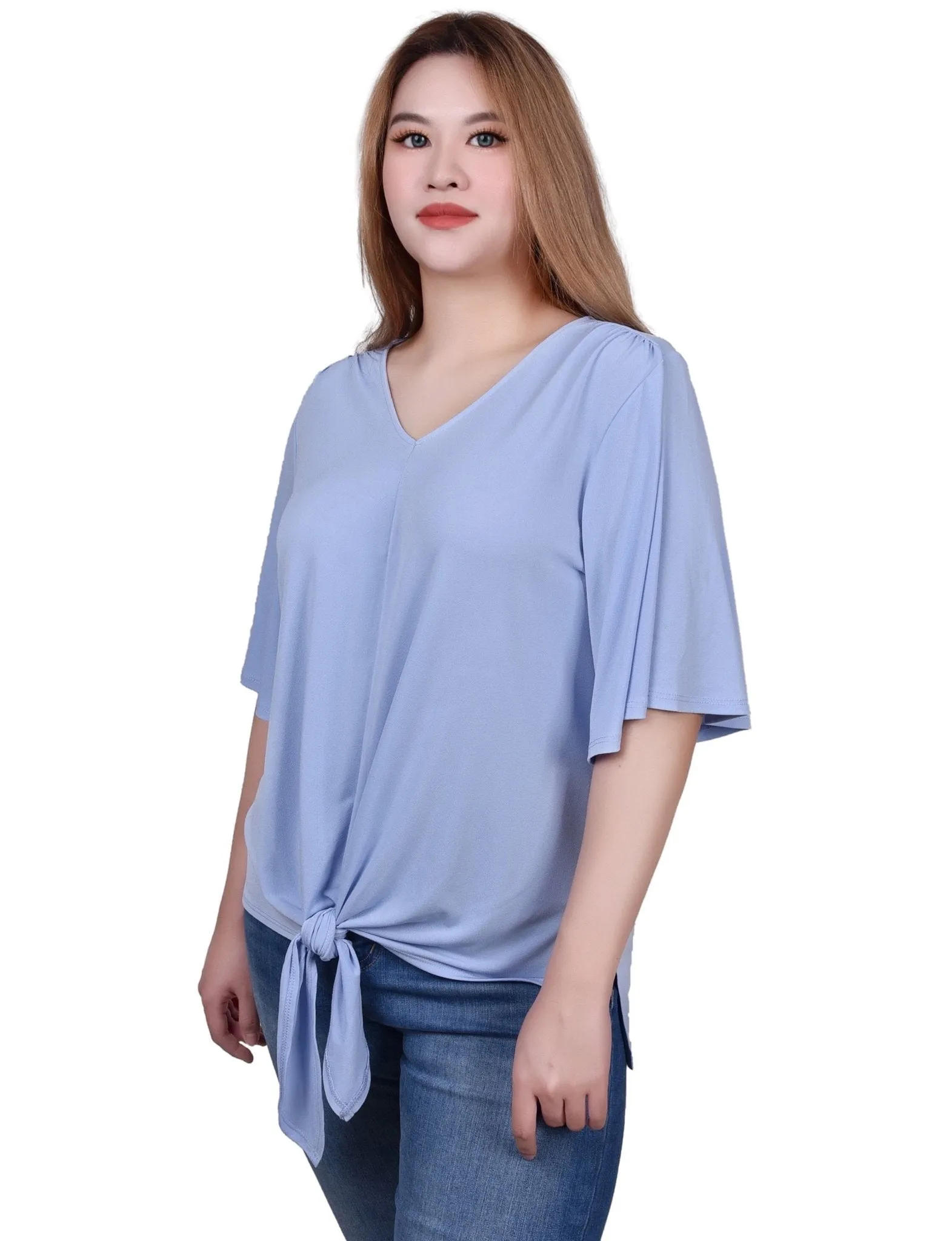 Elbow Sleeve Tie-Front Top - Petite