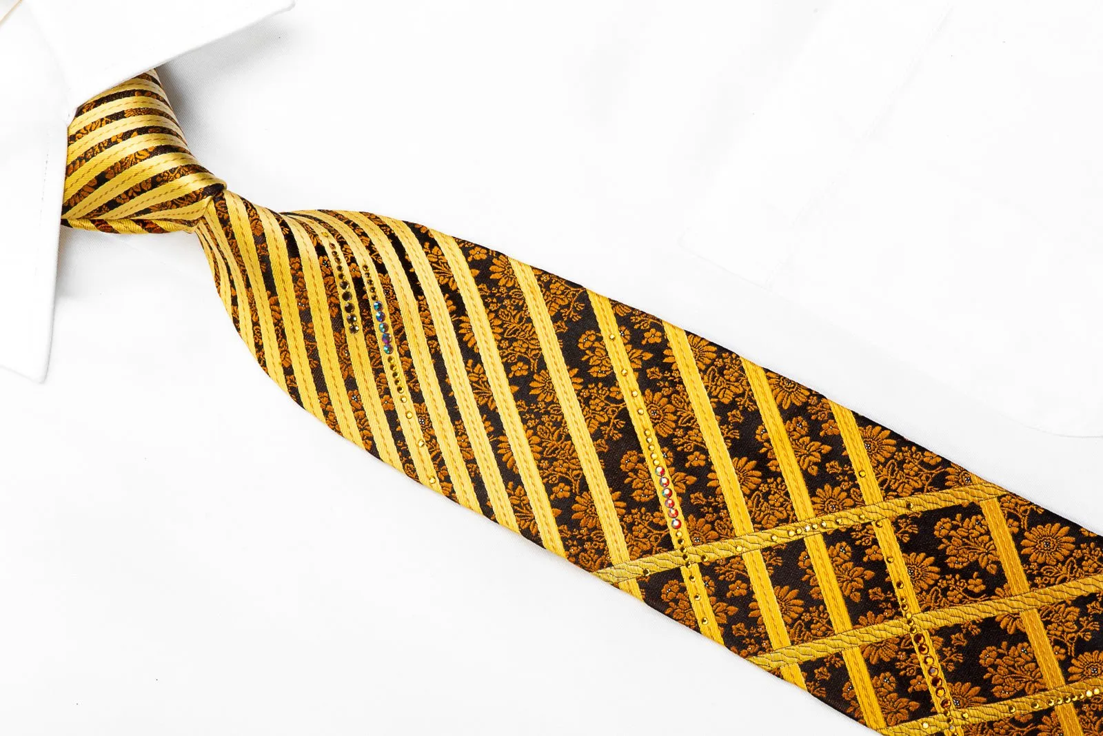 Elegance Rhinestone Silk Tie Golden Striped Floral On Brown With Sparkles