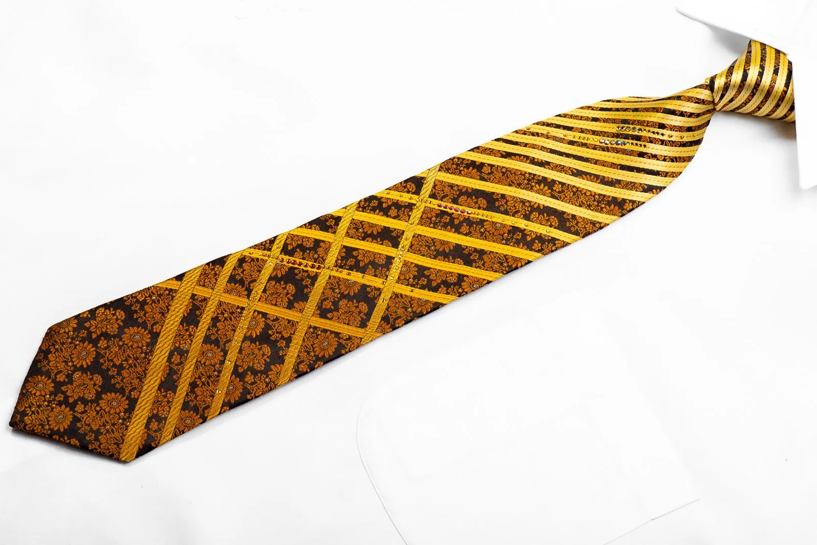 Elegance Rhinestone Silk Tie Golden Striped Floral On Brown With Sparkles