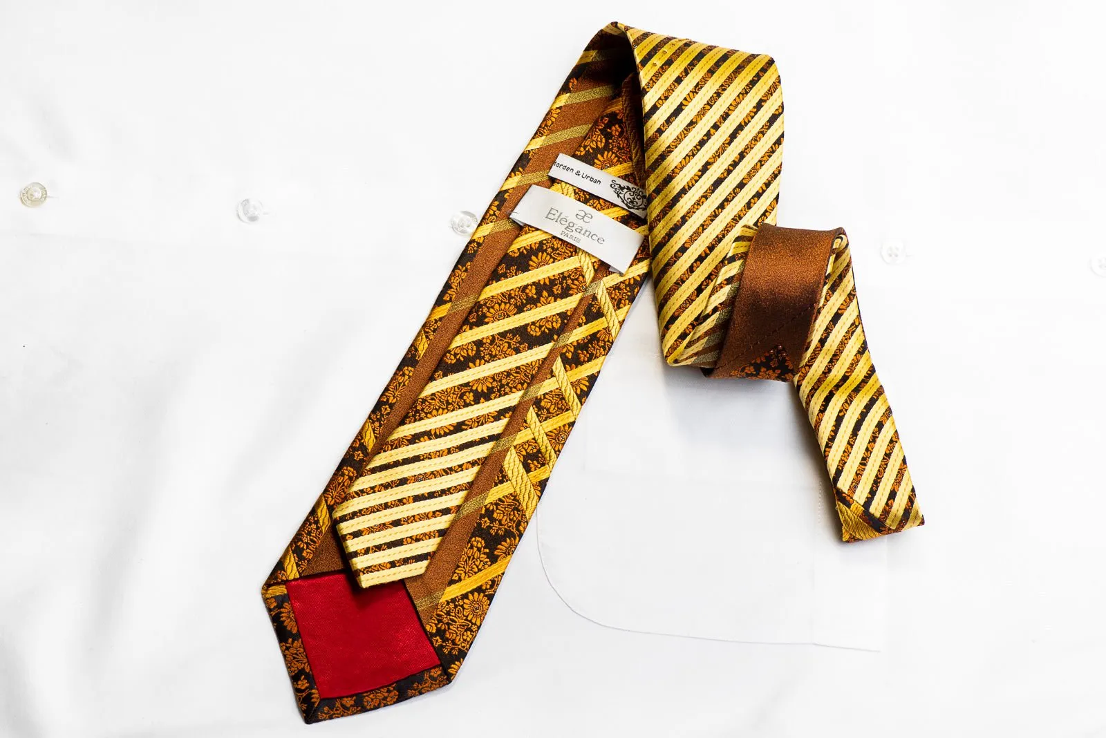 Elegance Rhinestone Silk Tie Golden Striped Floral On Brown With Sparkles