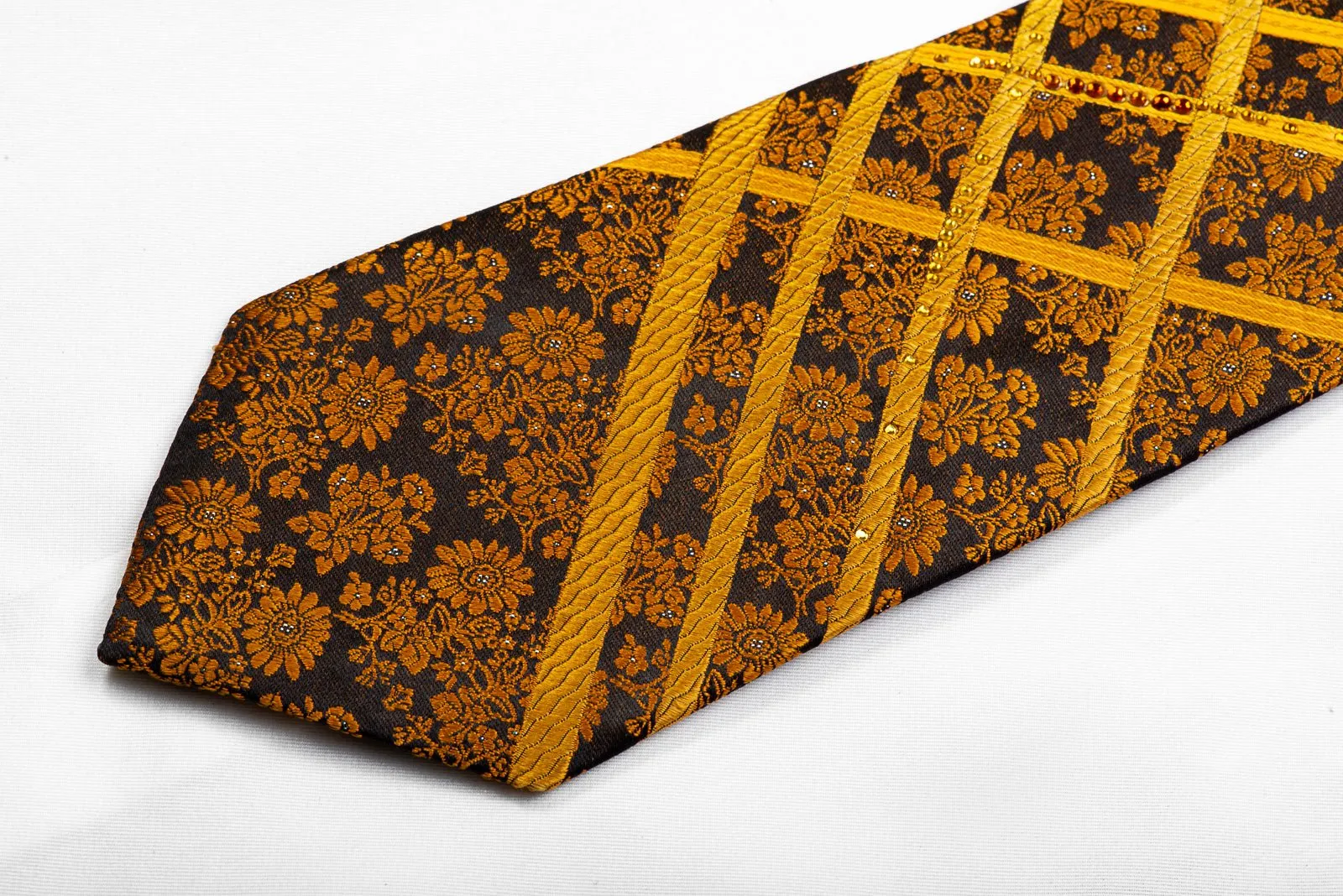 Elegance Rhinestone Silk Tie Golden Striped Floral On Brown With Sparkles