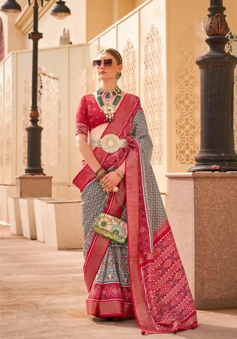 Elegant Chevron Grey Viscose Silk Patola Saree