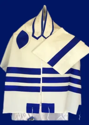 Elegant White Cotton Tallit with Royal Blue Silk Stripes