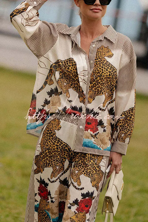 Exotic Leopard Flower Patchwork Print Button Down Oversized Blouse