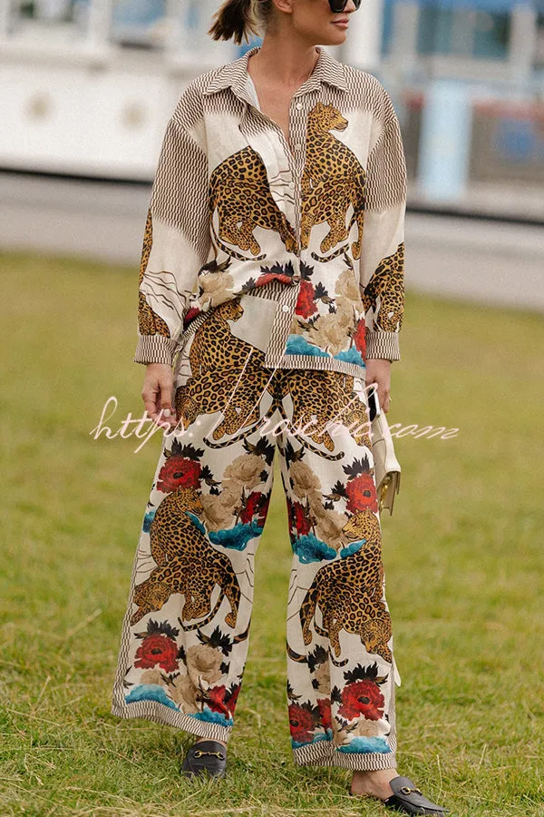 Exotic Leopard Flower Patchwork Print Button Down Oversized Blouse