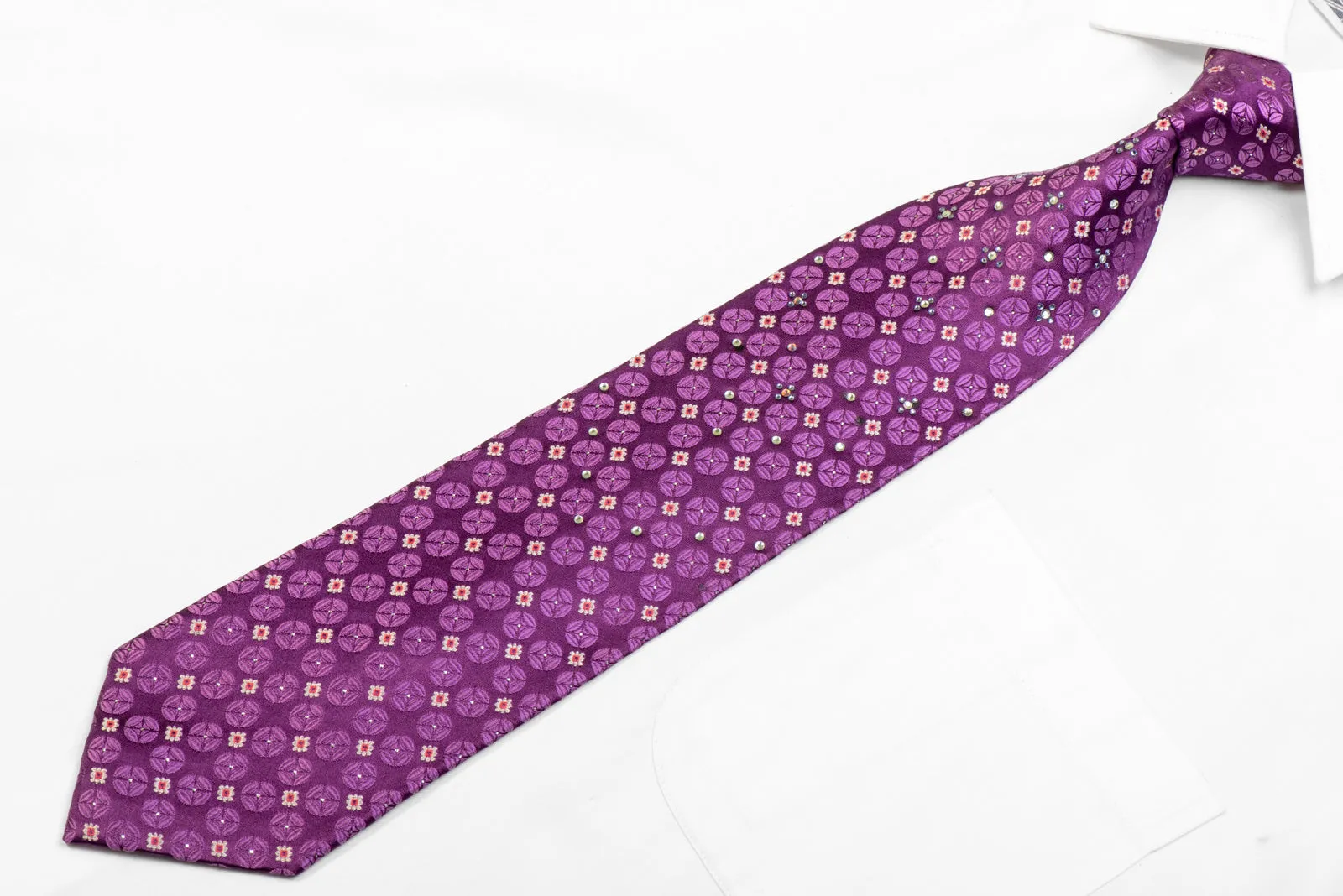 Floral On Geometric On Purple Rhinestone Silk Necktie With Sparkles