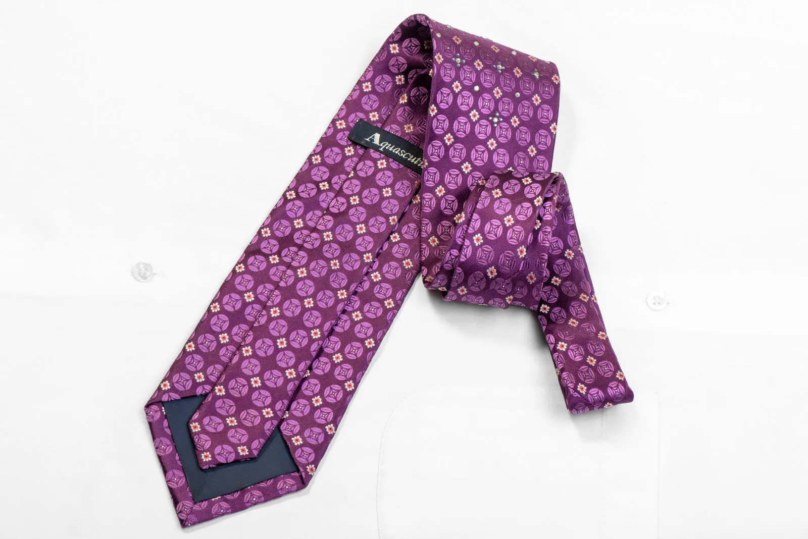 Floral On Geometric On Purple Rhinestone Silk Necktie With Sparkles