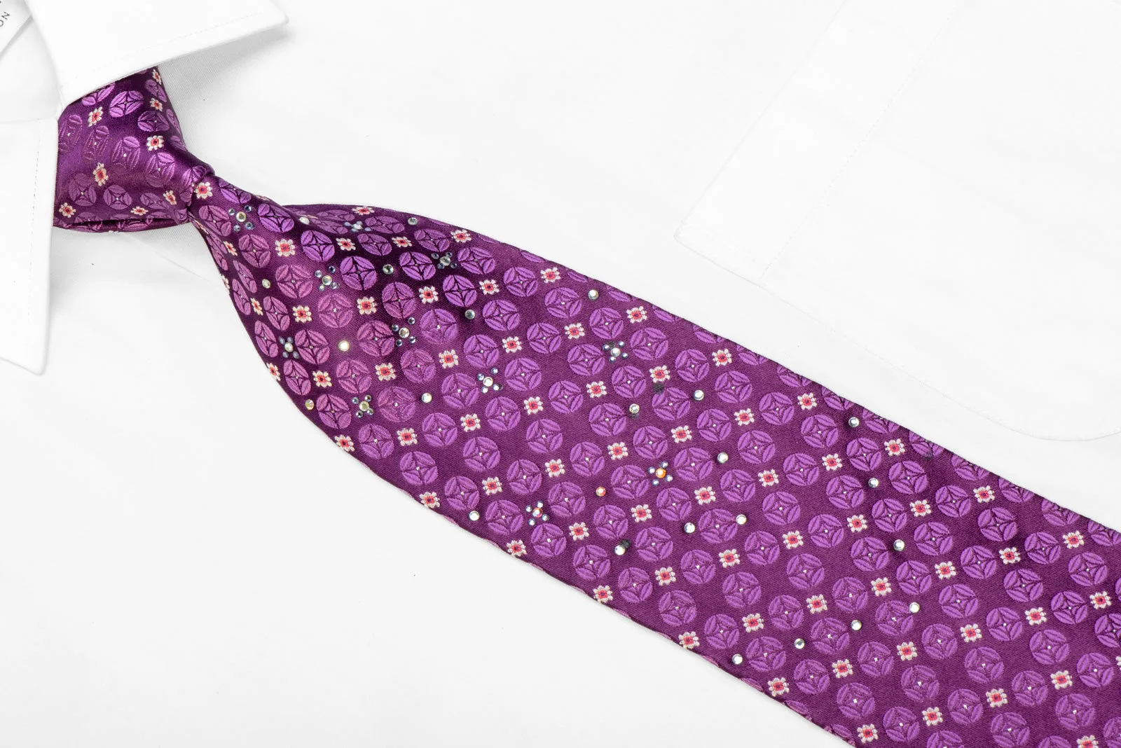 Floral On Geometric On Purple Rhinestone Silk Necktie With Sparkles