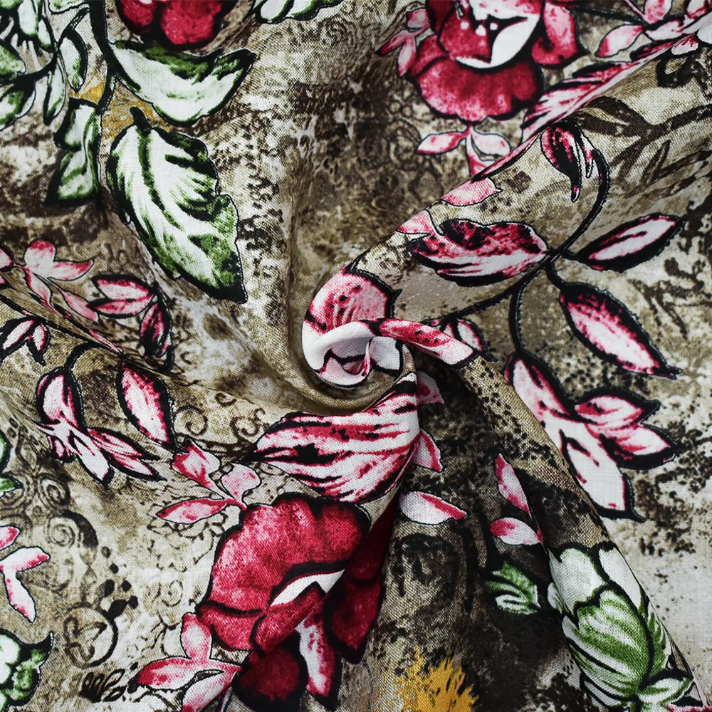 Fuchsia Pink-Brown-Muli Floral Texture Printed Linen Woven Fabric