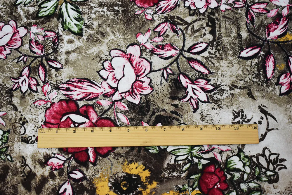 Fuchsia Pink-Brown-Muli Floral Texture Printed Linen Woven Fabric