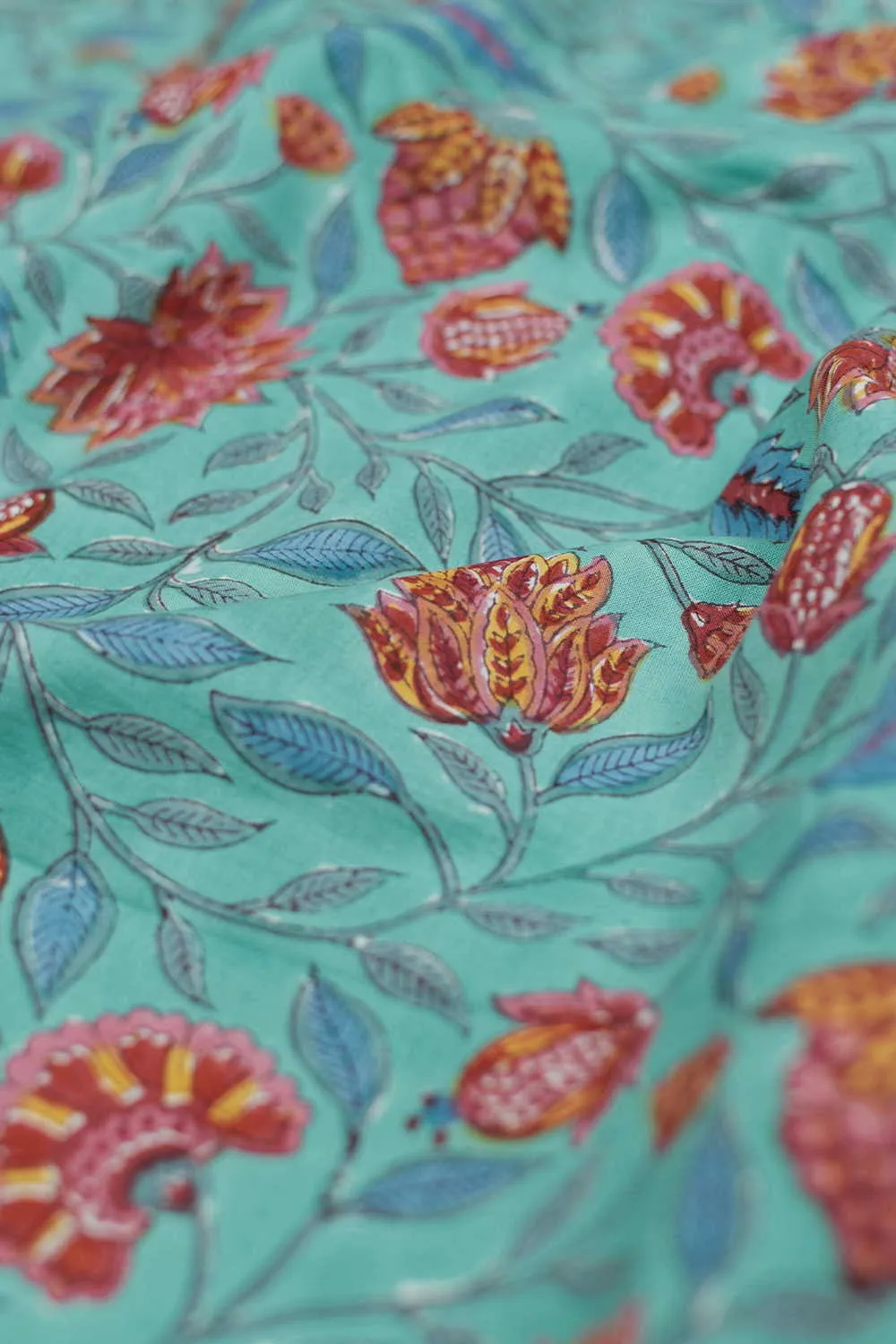 Garden Florals with Green Sanganeri Cotton Fabric