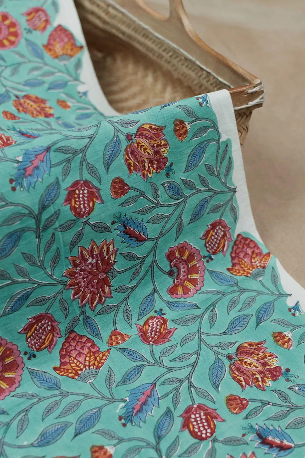 Garden Florals with Green Sanganeri Cotton Fabric