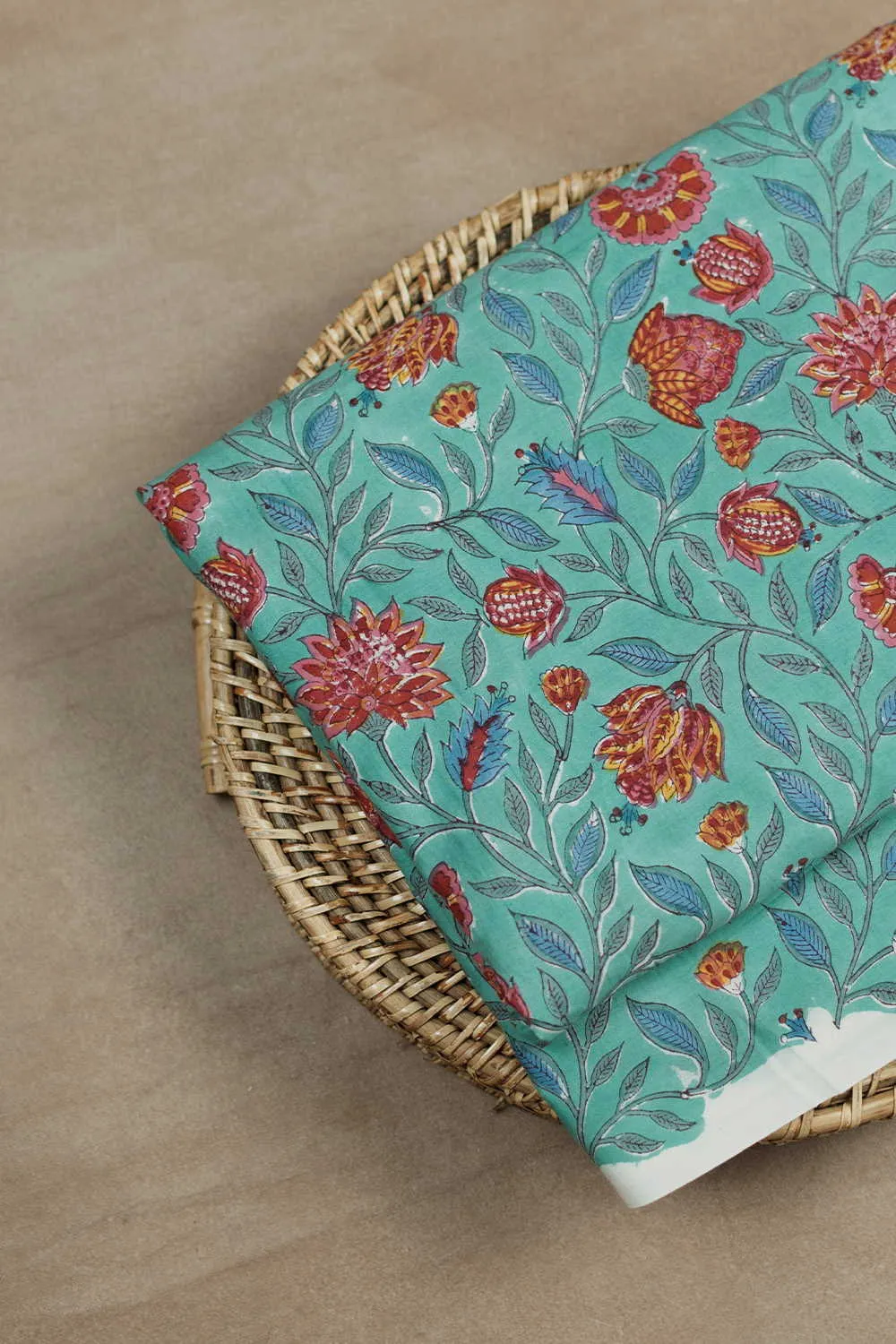 Garden Florals with Green Sanganeri Cotton Fabric