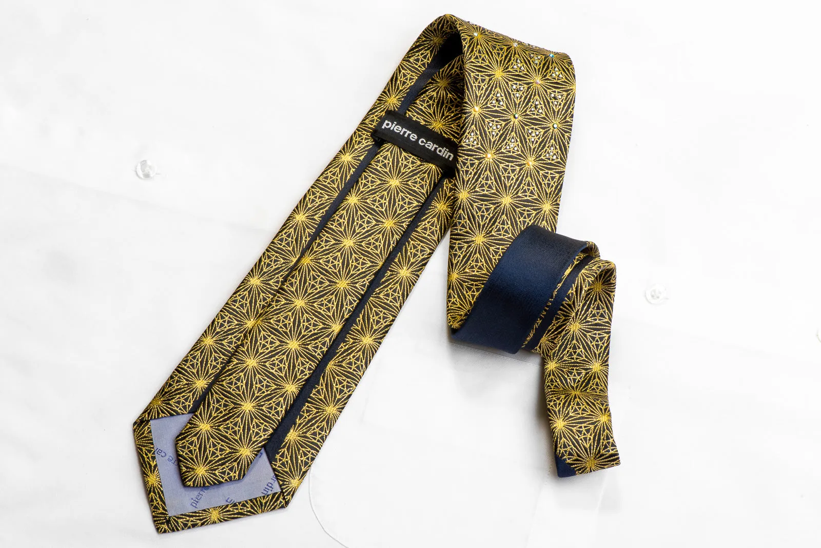 Gold Trellis On Black With Sparkles Crystal Rhinestone Silk Necktie