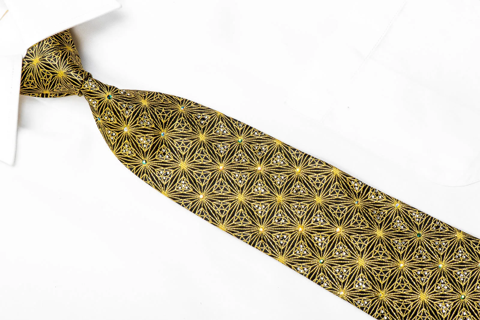 Gold Trellis On Black With Sparkles Crystal Rhinestone Silk Necktie