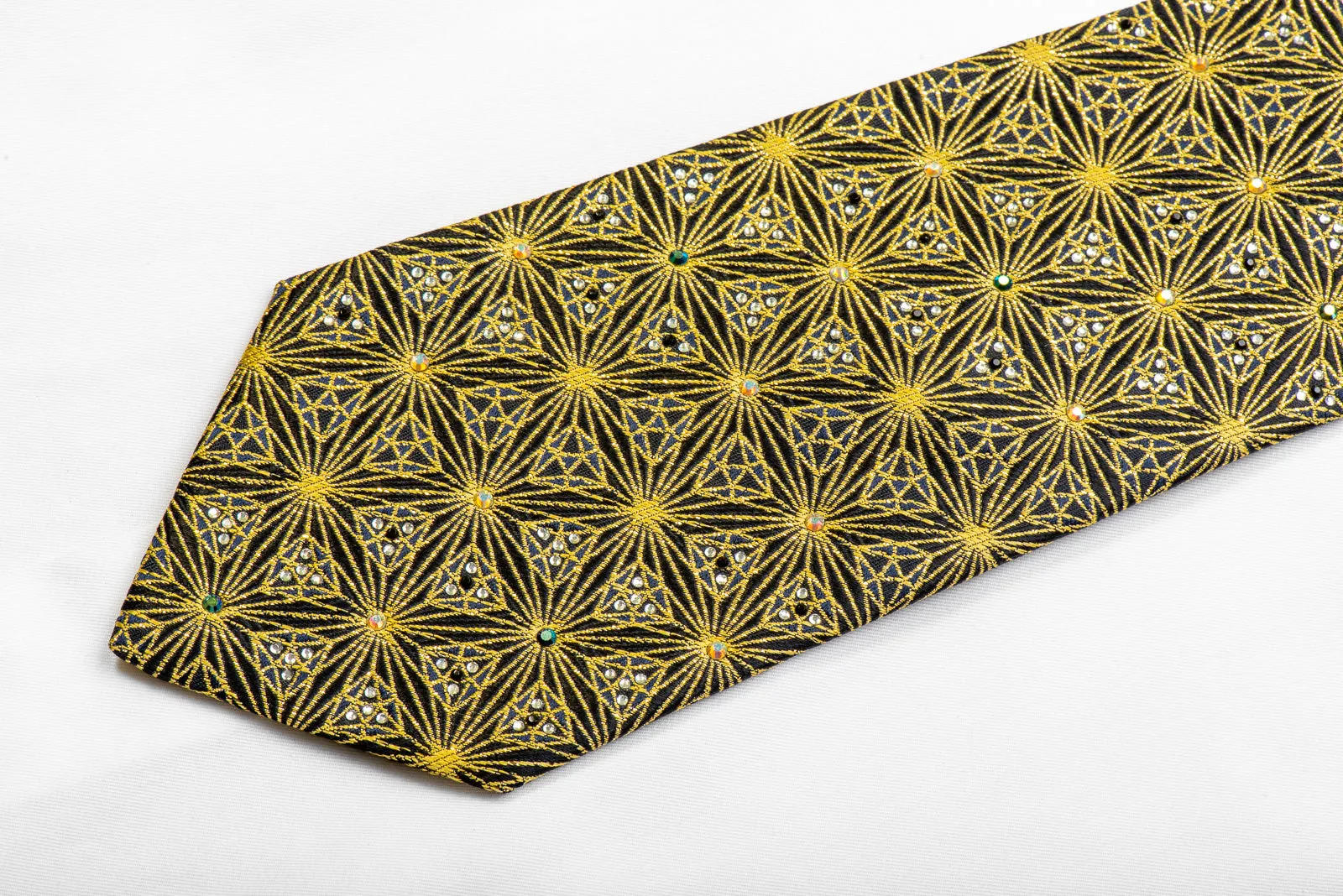 Gold Trellis On Black With Sparkles Crystal Rhinestone Silk Necktie