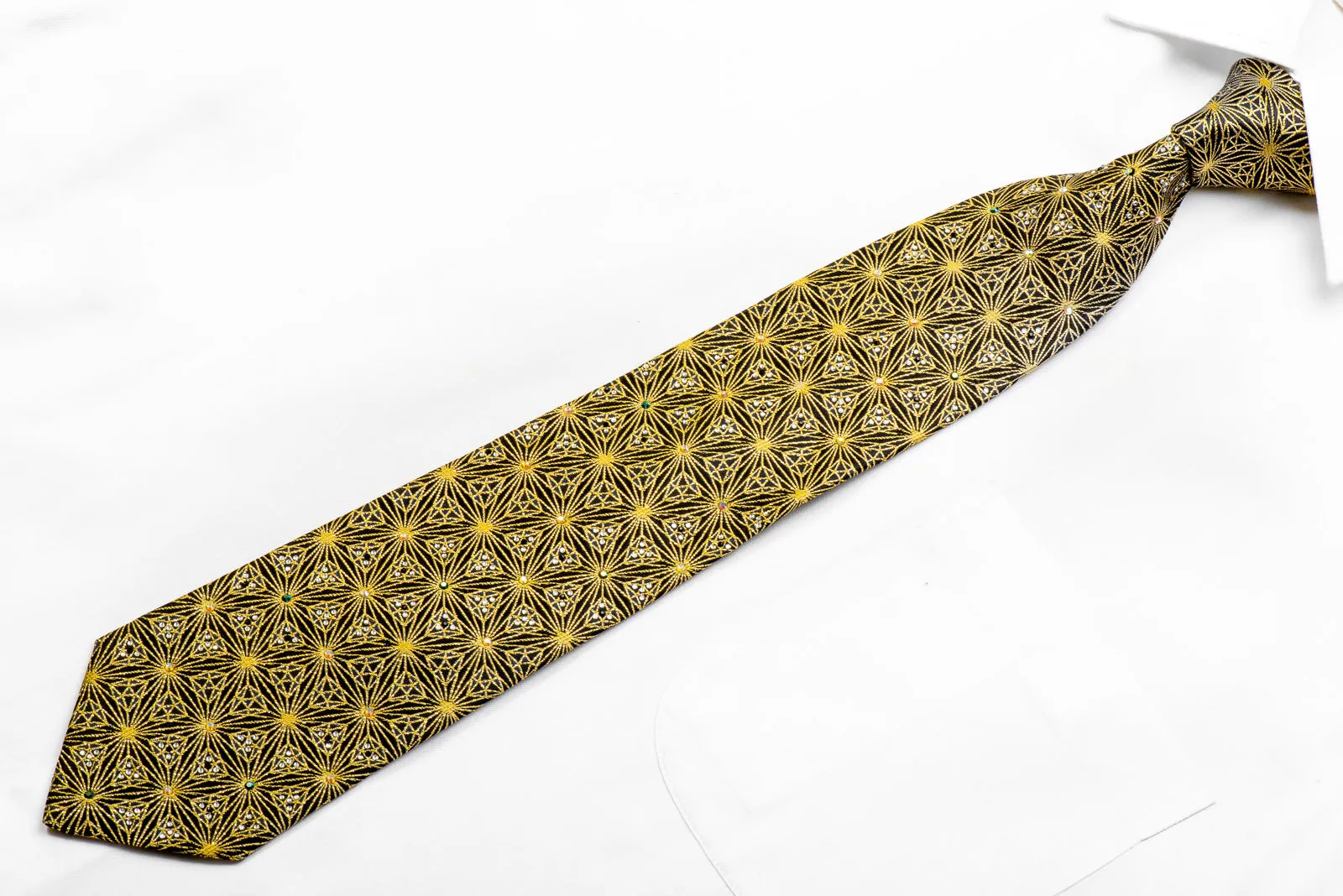 Gold Trellis On Black With Sparkles Crystal Rhinestone Silk Necktie