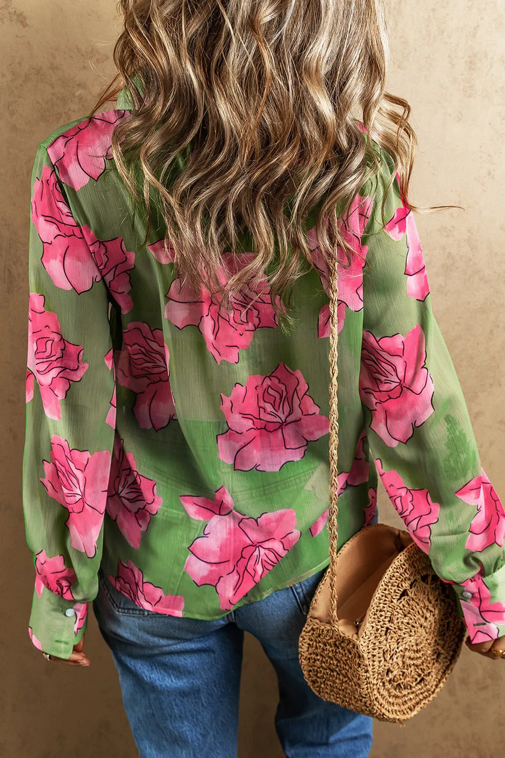 Green Floral Print Pleated Detail Puff Sleeve Shirt