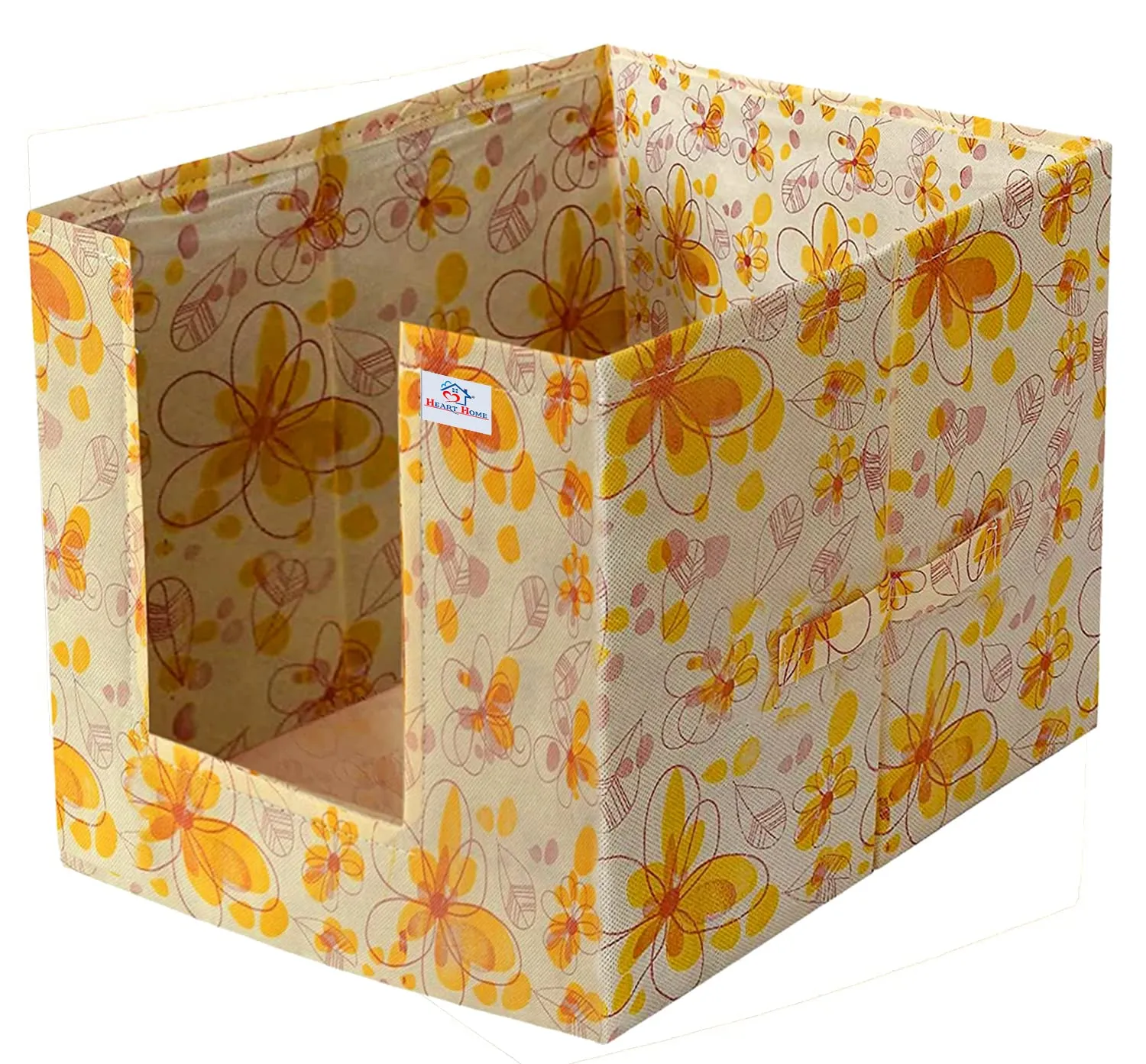 Heart Home Flower Printed Multiuses Non-Woven Closet Organizer With Handles- Pack of 3 (Yellow) -HS43HEARTH26481