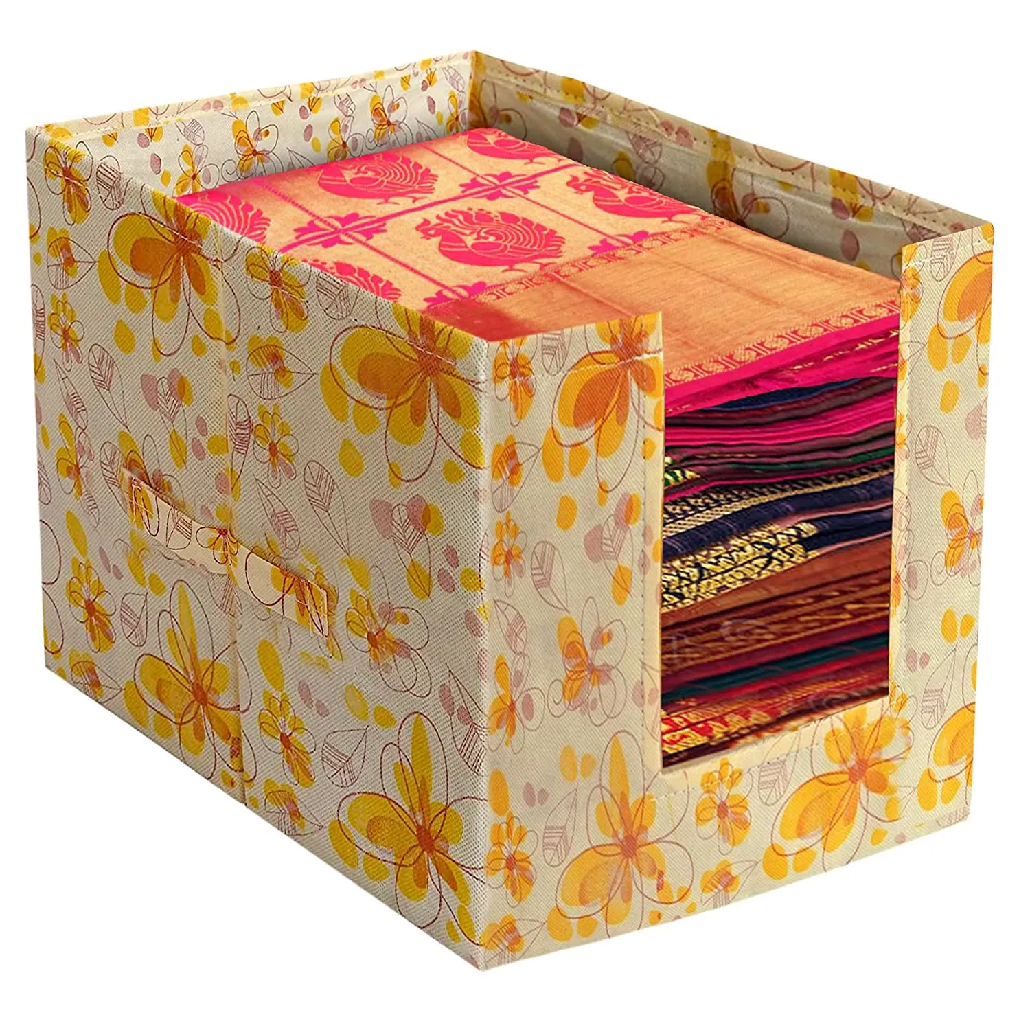 Heart Home Flower Printed Multiuses Non-Woven Closet Organizer With Handles- Pack of 3 (Yellow) -HS43HEARTH26481