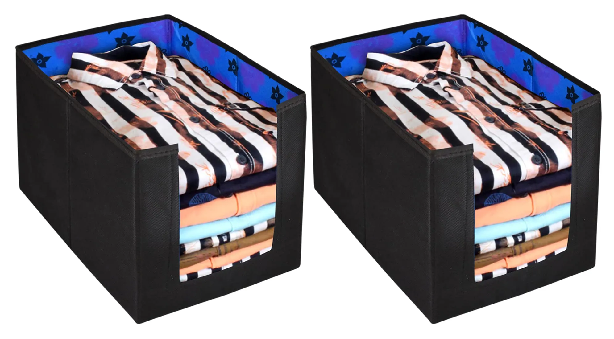 Heart Home Flower Printed Non-Woven Foldable Shirt Stacker Closet Organizer With Handles- Pack of 2 (Black & Blue)-HS43HEARTH26518