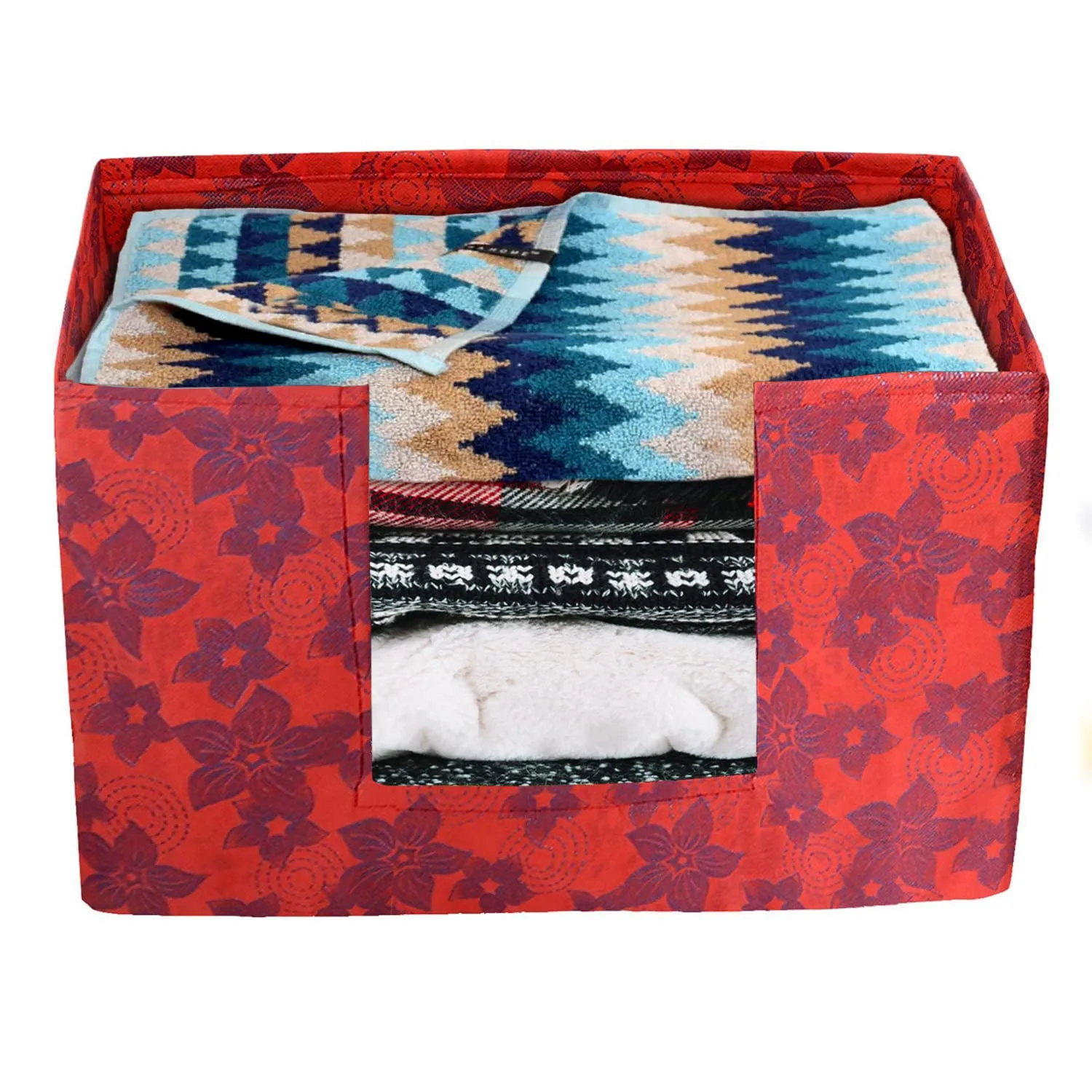 Heart Home Metallic Flower Printed Multiuses Non-Woven Closet Organizer, Storage Bin, Shelf Storage Oragnizer With Handle- Pack of 3 (Red)-HS43HEARTH26409