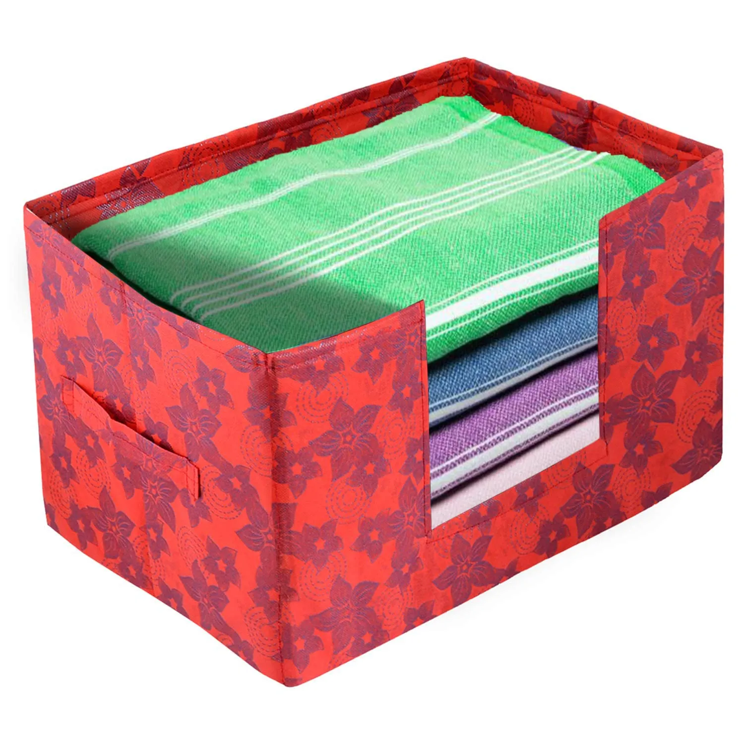 Heart Home Metallic Flower Printed Multiuses Non-Woven Closet Organizer, Storage Bin, Shelf Storage Oragnizer With Handle- Pack of 3 (Red)-HS43HEARTH26409