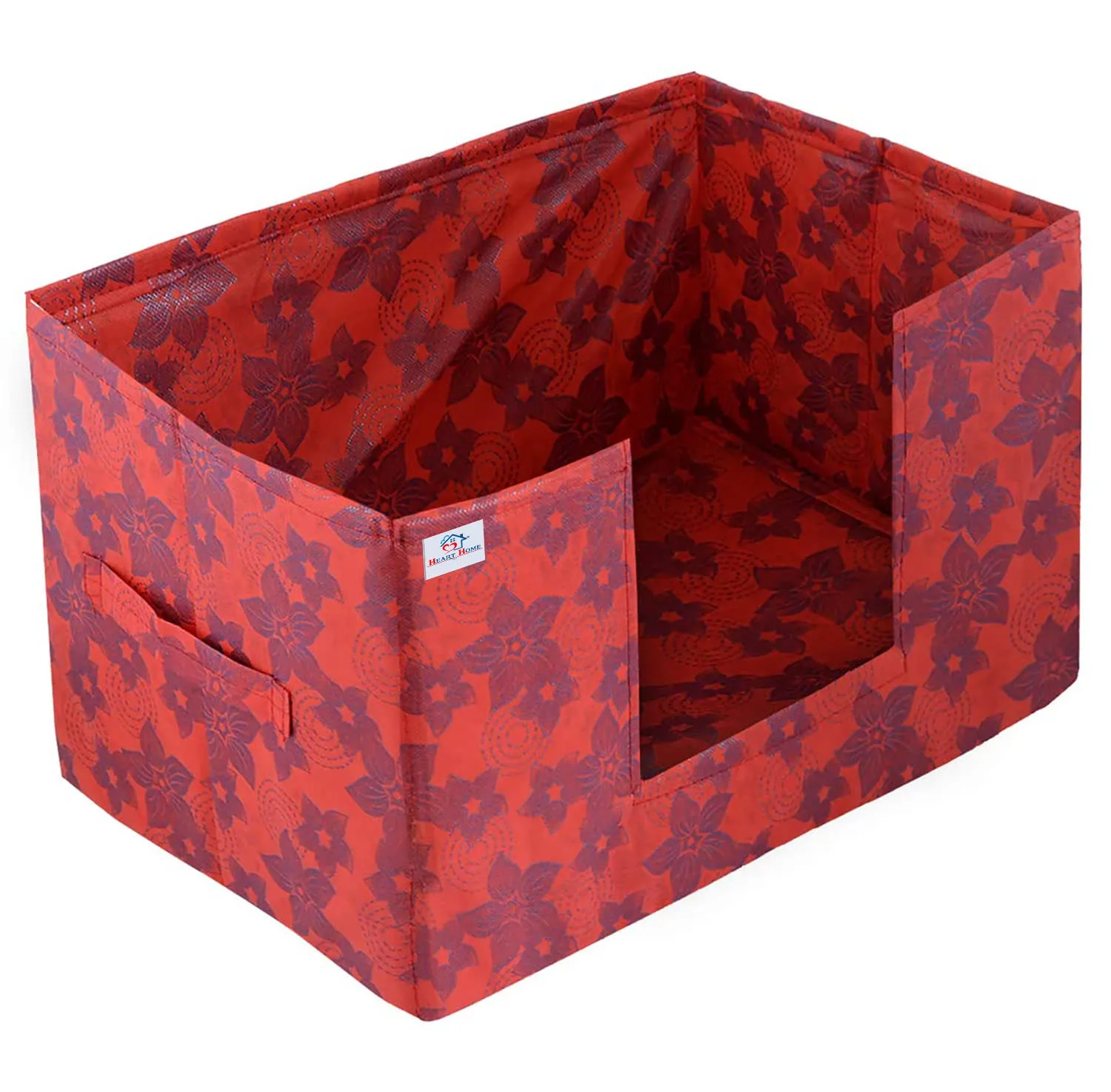 Heart Home Metallic Flower Printed Multiuses Non-Woven Closet Organizer, Storage Bin, Shelf Storage Oragnizer With Handle- Pack of 3 (Red)-HS43HEARTH26409