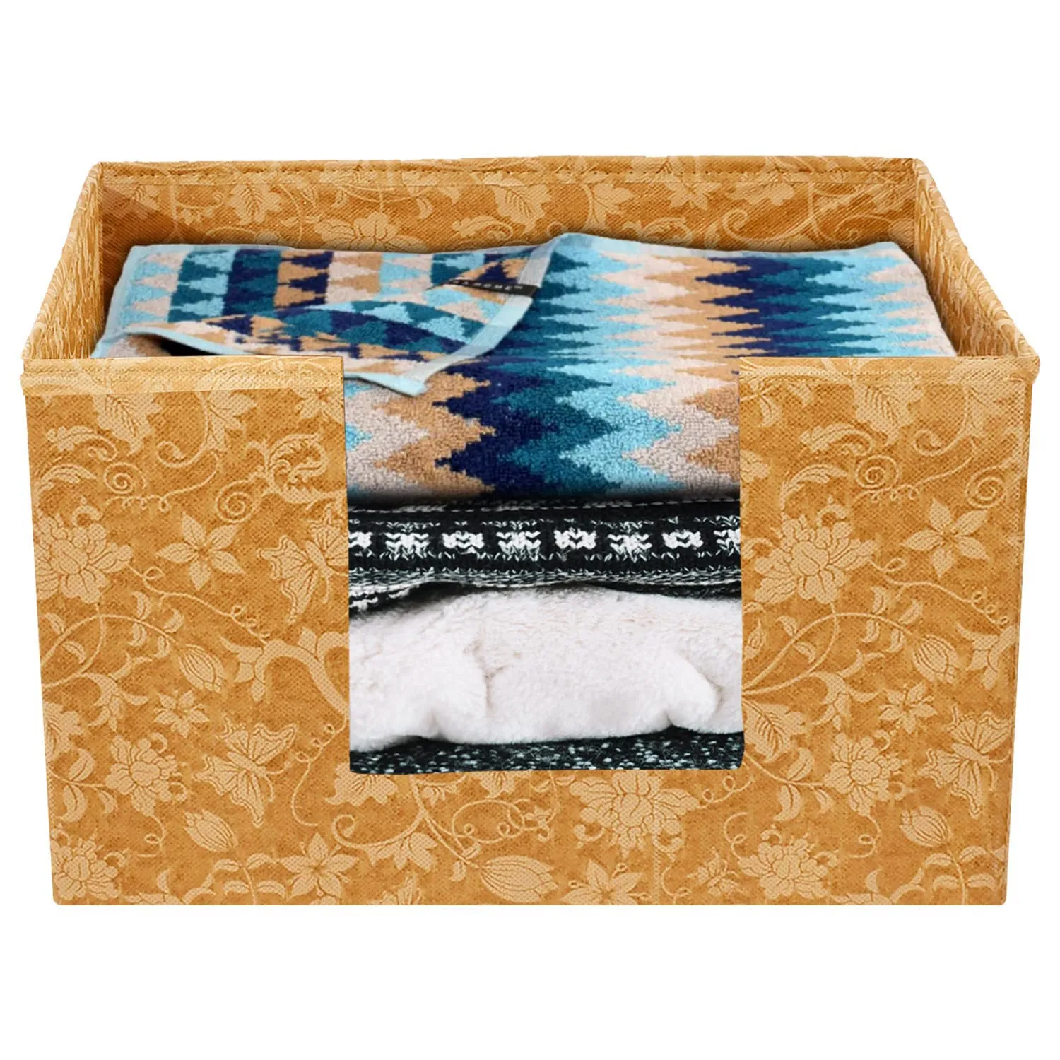 Heart Home Metallic Flower Printed Non-Woven Foldable Saree Stacker, Wardrobe Organizer, Storage Bin With Handle (Brown)-HS43HEARTH26396