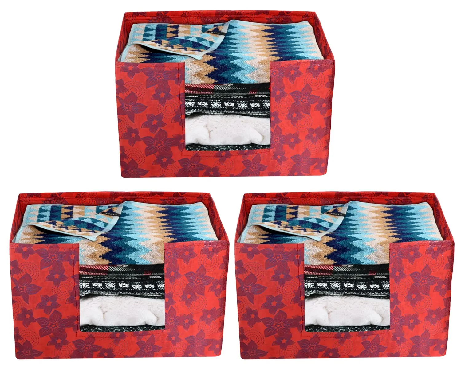 Heart Home Metallic Flower Printed Non-Woven Foldable Saree Stacker, Wardrobe Organizer, Storage Bin With Handle- Pack of 3 (Red)-HS43HEARTH26408