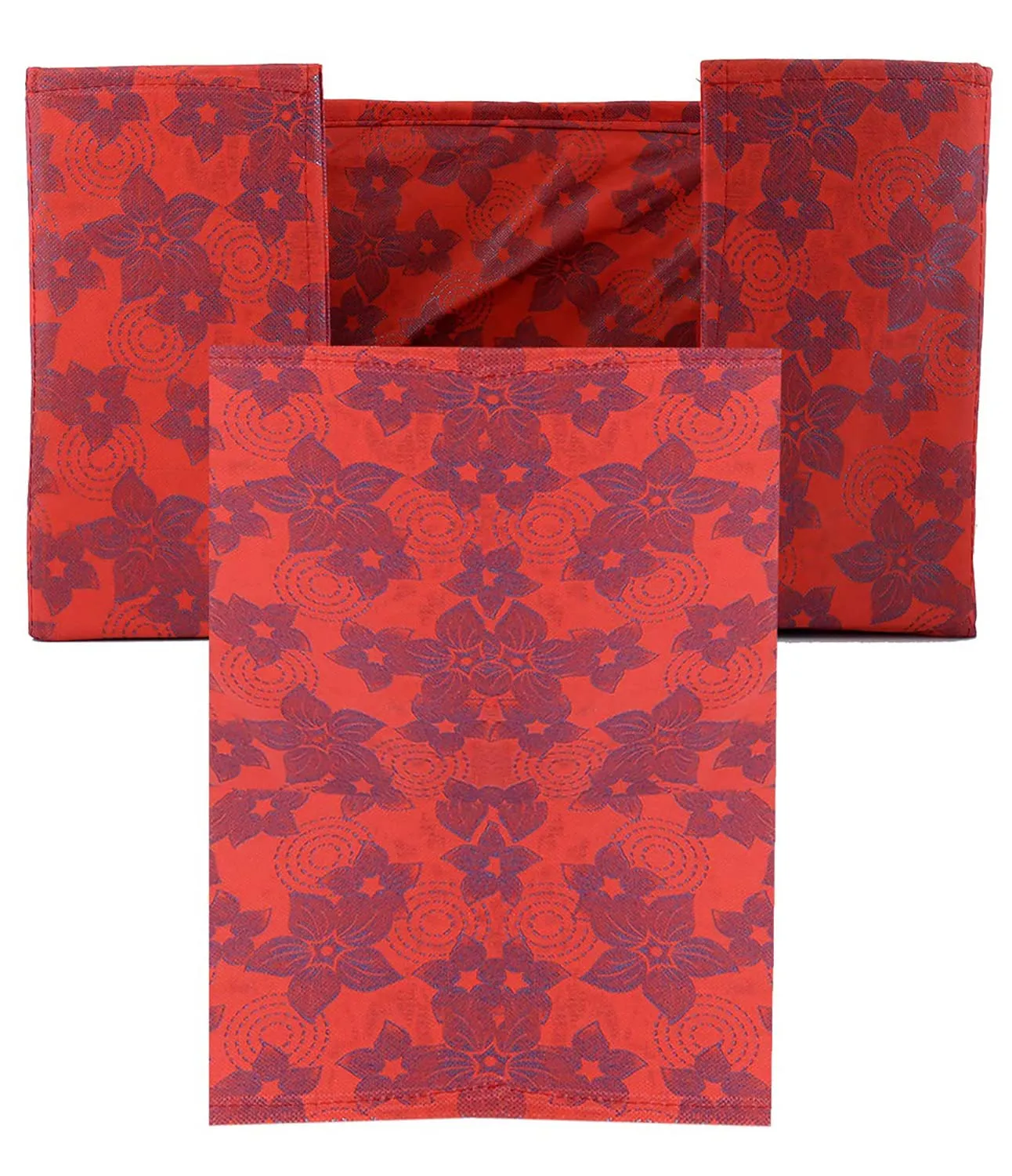 Heart Home Metallic Flower Printed Non-Woven Foldable Saree Stacker, Wardrobe Organizer, Storage Bin With Handle- Pack of 3 (Red)-HS43HEARTH26408