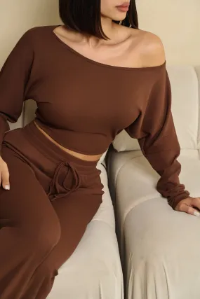 HMS Skins: Chocolate Baby Rib Off Shoulder Long Sleeve Top