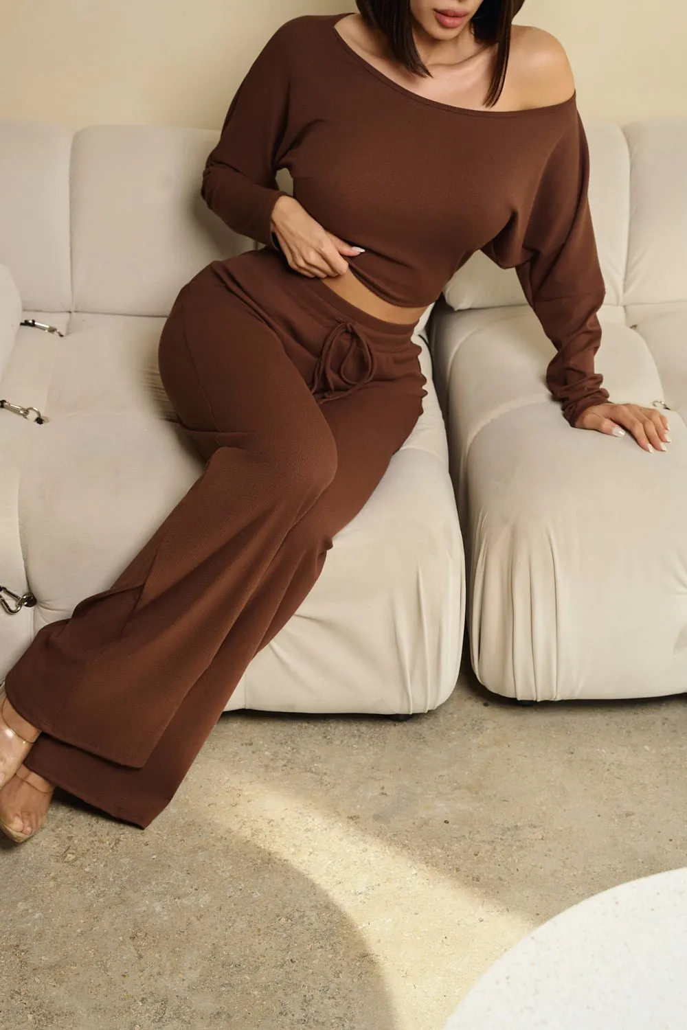 HMS Skins: Chocolate Baby Rib Off Shoulder Long Sleeve Top