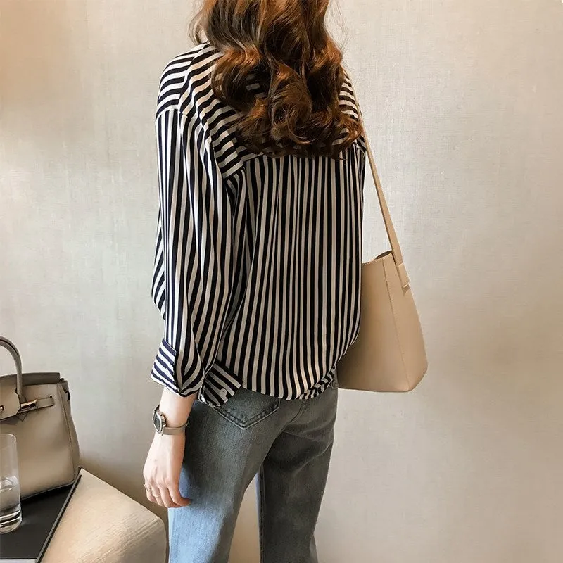 Hong Kong CHIC Strap Bare Shoulder Striped Blouse Long Sleeved Tops Shirt Versatile Outerwear