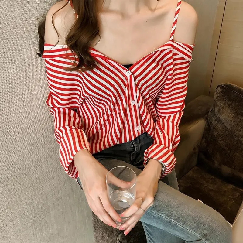 Hong Kong CHIC Strap Bare Shoulder Striped Blouse Long Sleeved Tops Shirt Versatile Outerwear