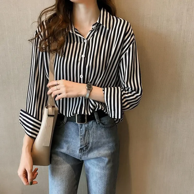 Hong Kong CHIC Strap Bare Shoulder Striped Blouse Long Sleeved Tops Shirt Versatile Outerwear