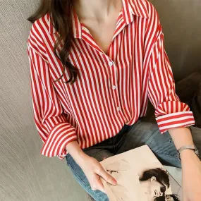 Hong Kong CHIC Strap Bare Shoulder Striped Blouse Long Sleeved Tops Shirt Versatile Outerwear