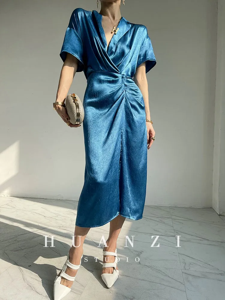 HUANZI custom designer high-end glossy silky elegant dress -Diana Pearl Gray