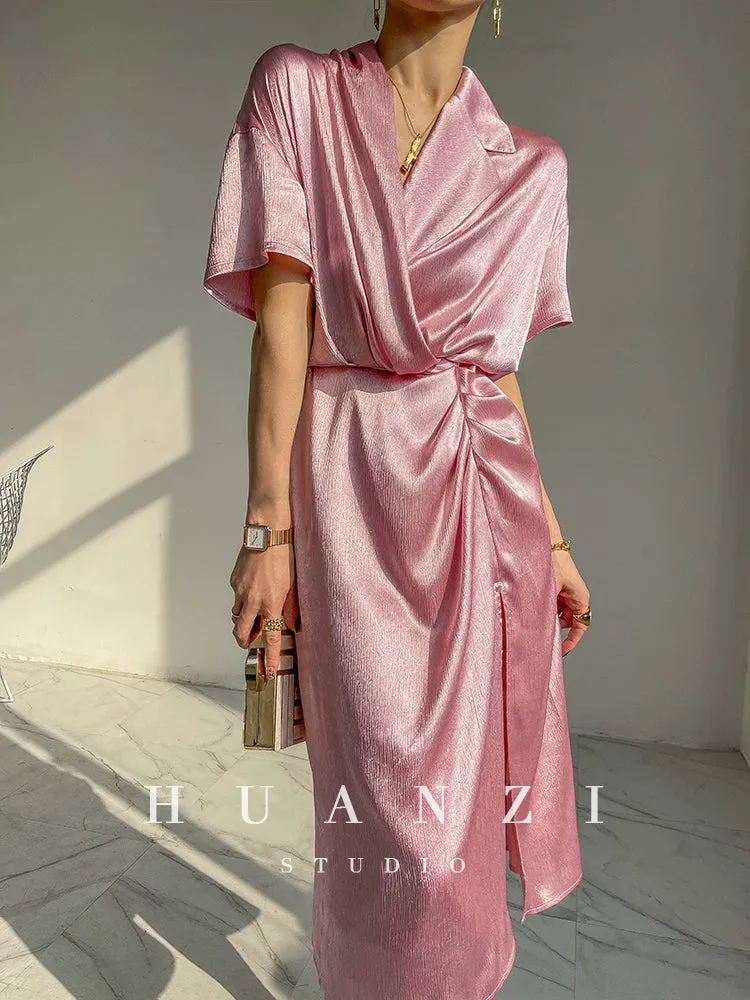 HUANZI custom designer high-end glossy silky elegant dress -Diana Pearl Gray