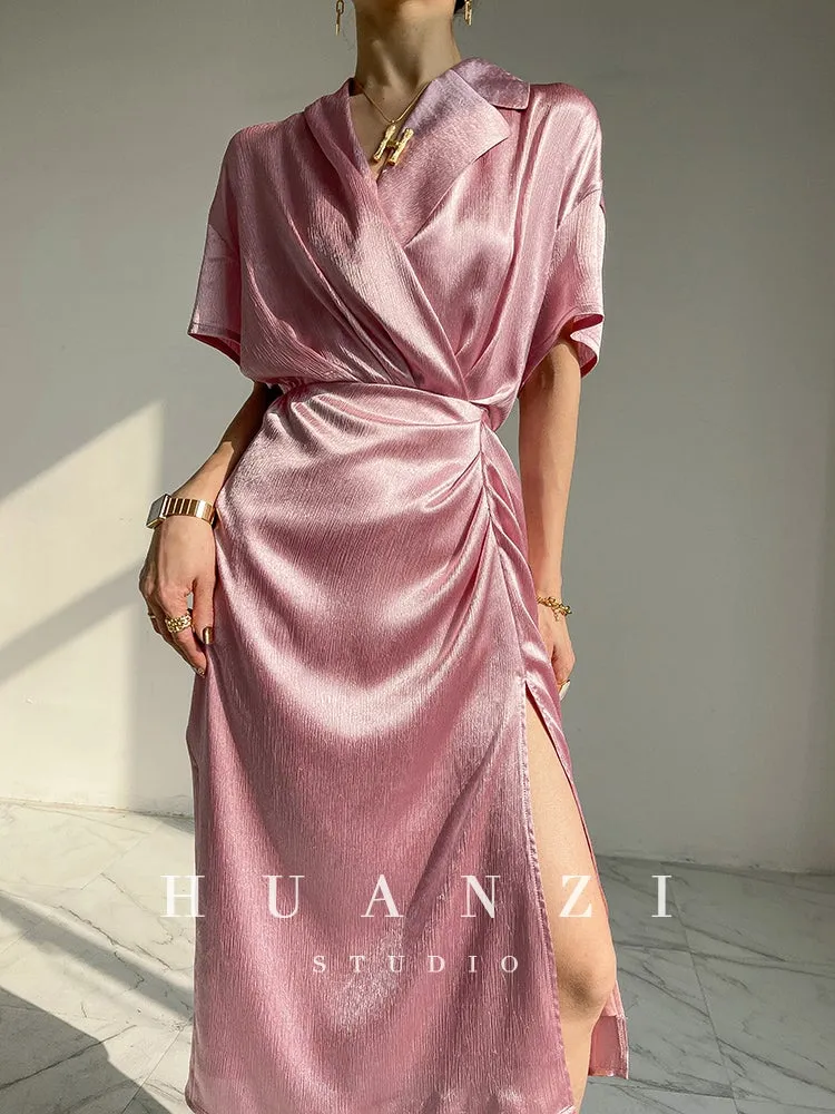 HUANZI custom designer high-end glossy silky elegant dress -Diana Pearl Gray